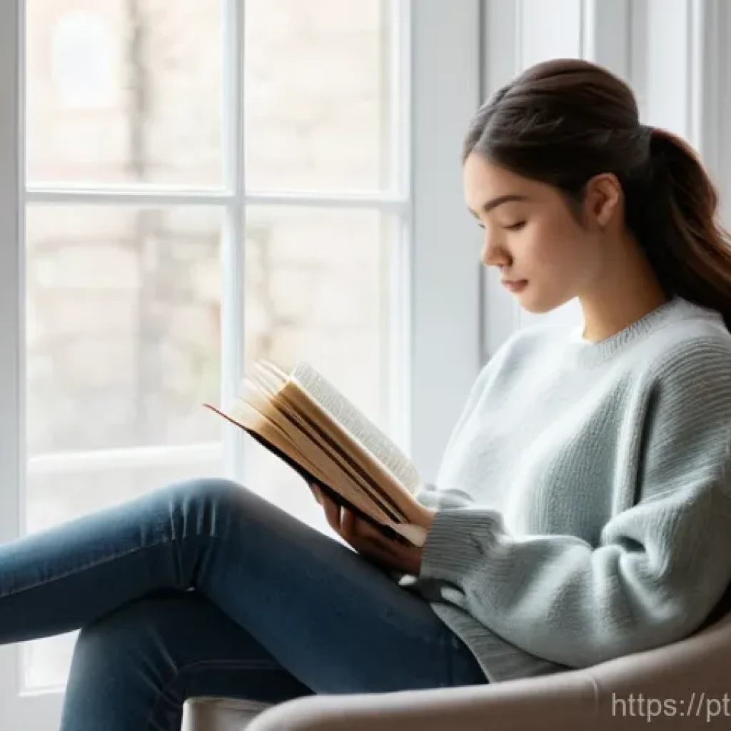 긍정적 정체성을 구축하기 위한 독서 리스트 - **Prompt:** A young woman, approximately 22 years old, sits comfortably on a plush armchair by a lar...