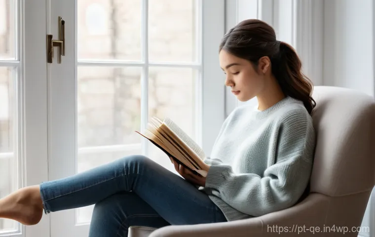 긍정적 정체성을 구축하기 위한 독서 리스트 - **Prompt:** A young woman, approximately 22 years old, sits comfortably on a plush armchair by a lar...