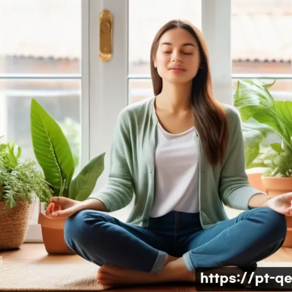 자아 수용을 통한 긍정적 정체성 확립 - A serene young adult woman sitting cross-legged on a wooden floor in a cozy, sunlit living room, med...