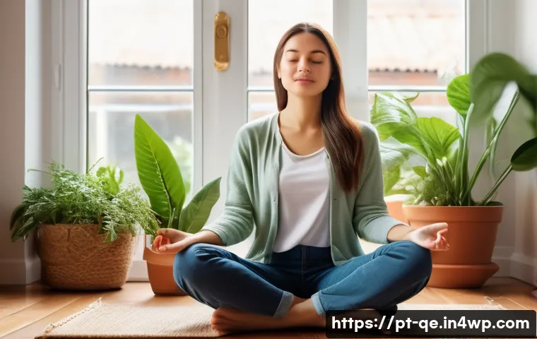 자아 수용을 통한 긍정적 정체성 확립 - A serene young adult woman sitting cross-legged on a wooden floor in a cozy, sunlit living room, med...