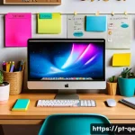 Home 22 긍정적 정체성을 위한 창의성 개발 전략 - A cozy creative workspace with a neat desk featuring a laptop displaying Trello, colorful sticky not...
