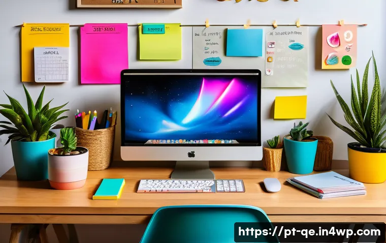 긍정적 정체성을 위한 창의성 개발 전략 - A cozy creative workspace with a neat desk featuring a laptop displaying Trello, colorful sticky not...