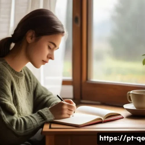Home 33 자아 발견을 위한 긍정적 정체성의 역할 - A serene and warm indoor scene showing a young adult woman sitting comfortably at a wooden desk by a...