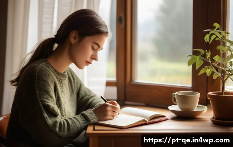 자아 발견을 위한 긍정적 정체성의 역할 - A serene and warm indoor scene showing a young adult woman sitting comfortably at a wooden desk by a...