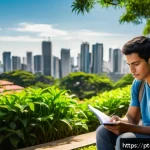 Home 19 긍정적 정체성을 위한 자아 실현 방법 - A serene and inspiring scene of a young adult sitting peacefully in a sunlit urban park in São Paulo...