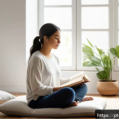 Home 30 자기 이미지 개선을 위한 긍정적 정체성의 필요성 - A serene, sunlit bedroom scene featuring a young adult woman practicing mindfulness meditation on a ...