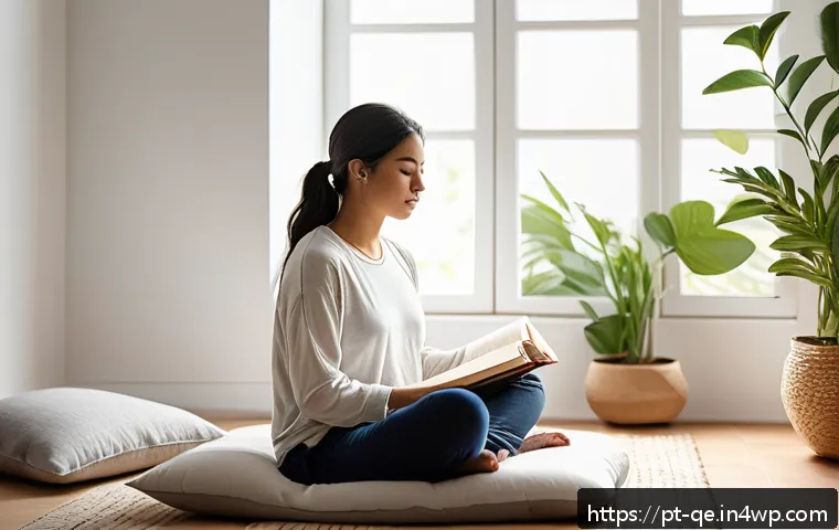 자기 이미지 개선을 위한 긍정적 정체성의 필요성 - A serene, sunlit bedroom scene featuring a young adult woman practicing mindfulness meditation on a ...